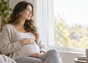 Pregnant woman sitting quietly by a window with one hand resting on her belly