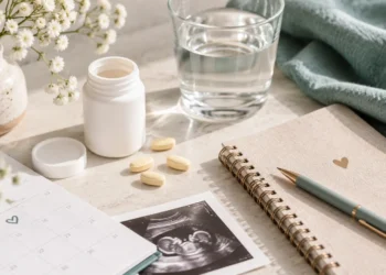 Folic acid supplements beside a glass of water, pregnancy planner, notebook, and ultrasound photo on a softly lit table