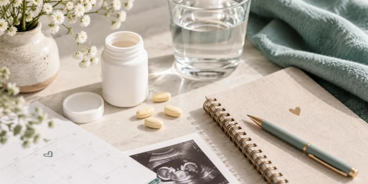 Folic acid supplements beside a glass of water, pregnancy planner, notebook, and ultrasound photo on a softly lit table