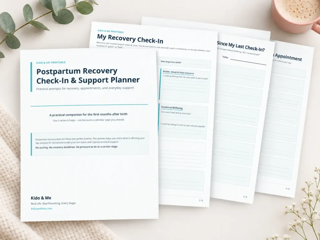 Preview of the Postpartum Recovery Check-In & Support Planner printable with recovery check-in, appointment, and support planning pages.
