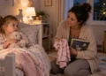 other holding pajamas and a bedtime book while her young child resists getting ready for bed.