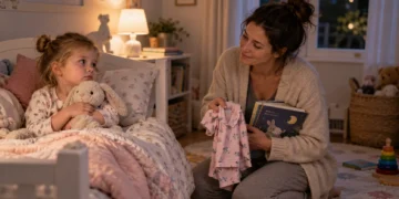 other holding pajamas and a bedtime book while her young child resists getting ready for bed.