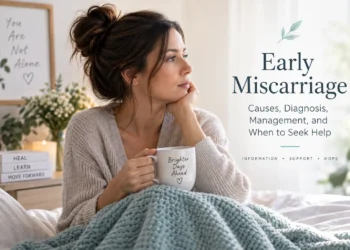 Woman sitting quietly with a mug in a softly lit room beside text introducing an early miscarriage guide.