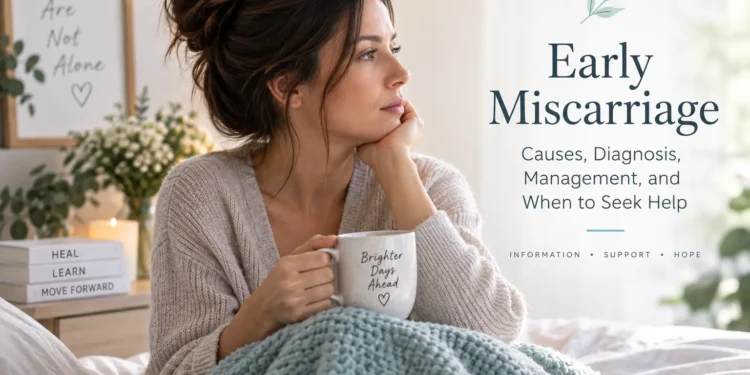 Woman sitting quietly with a mug in a softly lit room beside text introducing an early miscarriage guide.