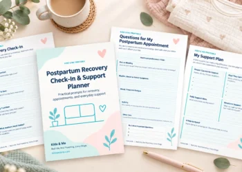 Free postpartum recovery planner printable with check-in, appointment questions, and support planning pages