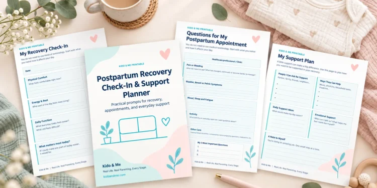 Free postpartum recovery planner printable with check-in, appointment questions, and support planning pages