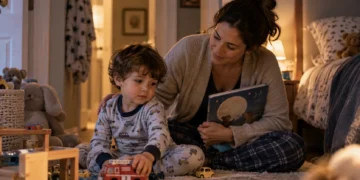 Parent and toddler putting toys aside and looking at a bedtime book as they wind down before bed