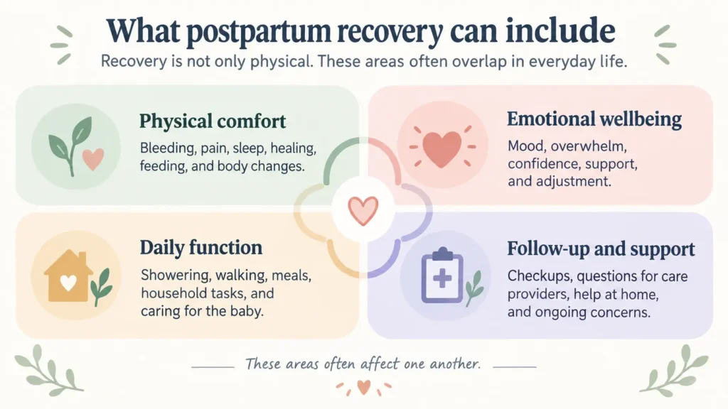 Infographic showing four connected areas of postpartum recovery: physical comfort, emotional wellbeing, daily function, and follow-up support.