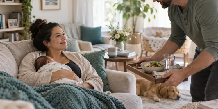 Postpartum recovery at home with a mother resting while another adult brings her a meal