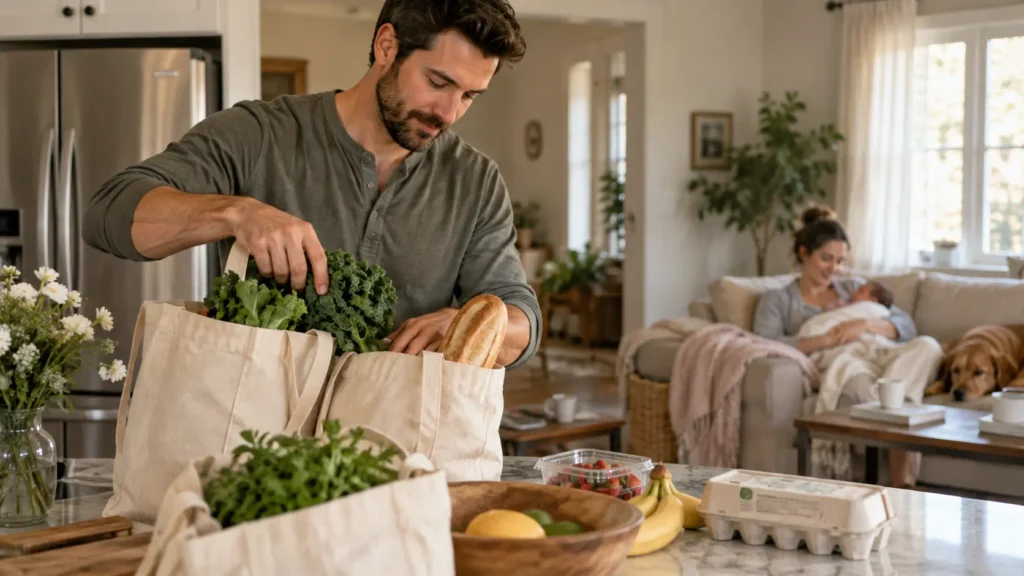 Postpartum recovery at home while another adult puts away groceries and the mother rests with her baby