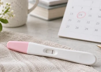 Home pregnancy test on a soft neutral surface beside a calendar, illustrating pregnancy test timing and early testing.