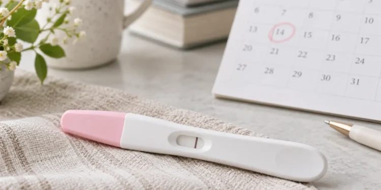 Home pregnancy test on a soft neutral surface beside a calendar, illustrating pregnancy test timing and early testing.