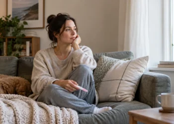 Woman sitting on a sofa by a window, holding a pregnancy test in a quiet living room.