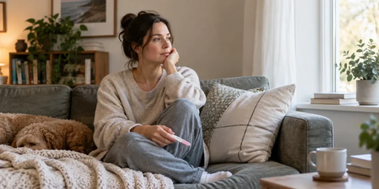 Woman sitting on a sofa by a window, holding a pregnancy test in a quiet living room.