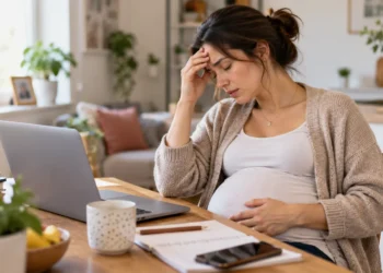 Pregnant woman sitting at a table at home with a laptop, looking stressed and tired while resting one hand on her forehead and the other on her belly.