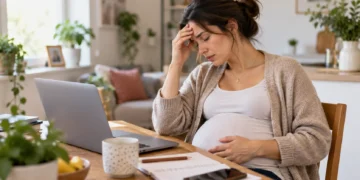 Pregnant woman sitting at a table at home with a laptop, looking stressed and tired while resting one hand on her forehead and the other on her belly.