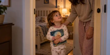 Awake toddler holding a book in a bedroom doorway beside a calm caregiver after goodnight