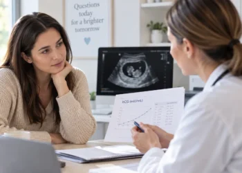 A woman discussing hCG blood test results with a healthcare professional