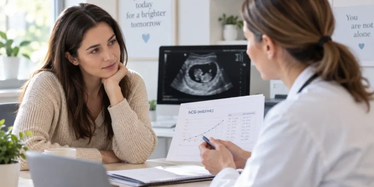 A woman discussing hCG blood test results with a healthcare professional