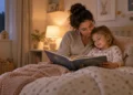 Parent and young child reading together during a calm toddler bedtime routine at home